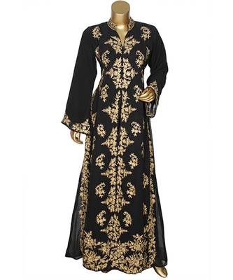 Black Crystal Embellished Traditional Islamic Chiffon Kaftan Gown Abaya 1