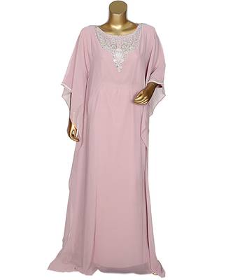 Onion Pink Crystal Embellished Traditional Islamic Chiffon Kaftan Gown Farasha 1