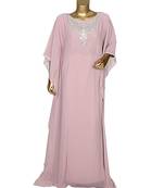 Onion Pink Crystal Embellished Traditional Islamic Chiffon Kaftan Gown Farasha