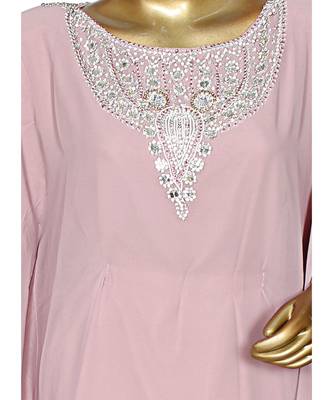 Onion Pink Crystal Embellished Traditional Islamic Chiffon Kaftan Gown Farasha 2