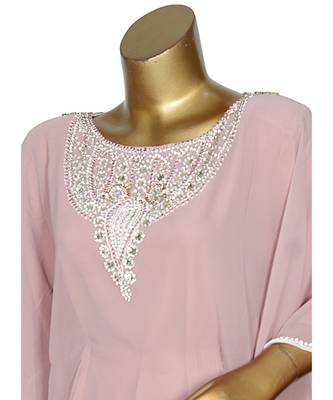 Onion Pink Crystal Embellished Traditional Islamic Chiffon Kaftan Gown Farasha 4