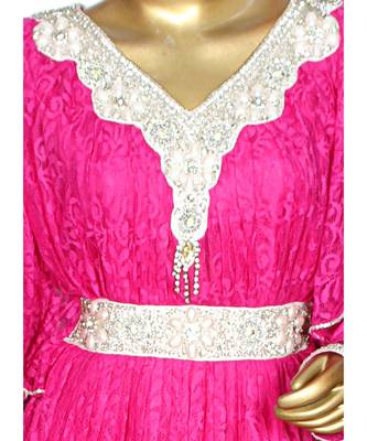 Fuchsia Pink Embroidered Crystal Embellished Arabian Kaftan Gown Caftan Abaya 2