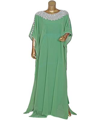 Olive Green Embroidered Crystal Embellished Chiffon Kaftan Abaya Farasha 1