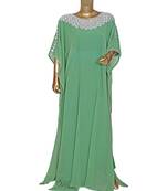 Olive Green Embroidered Crystal Embellished Chiffon Kaftan Abaya Farasha