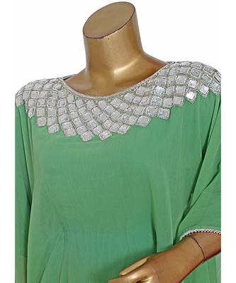 Olive Green Embroidered Crystal Embellished Chiffon Kaftan Abaya Farasha 3