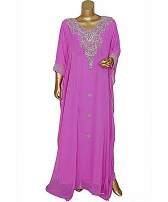 Lilac Embroidered Crystal Embellished Chiffon Kaftan Abaya Farasha 1