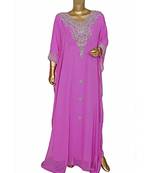 Lilac Embroidered Crystal Embellished Chiffon Kaftan Abaya Farasha
