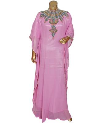 Pink Embroidered Crystal Embellished Chiffon Kaftan Abaya Farasha 1