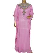 Pink Embroidered Crystal Embellished Chiffon Kaftan Abaya Farasha