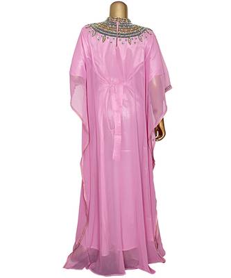 Pink Embroidered Crystal Embellished Chiffon Kaftan Abaya Farasha 5
