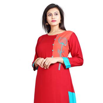 Red embroidered rayon kurti 3