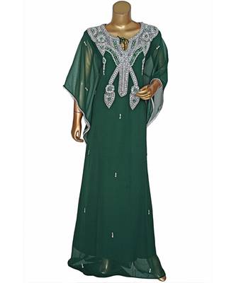 Green Embroidered Crystal Embellished Chiffon Kaftan Abaya Farasha 1