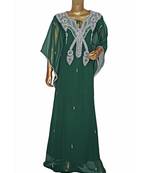 Green Embroidered Crystal Embellished Chiffon Kaftan Abaya Farasha