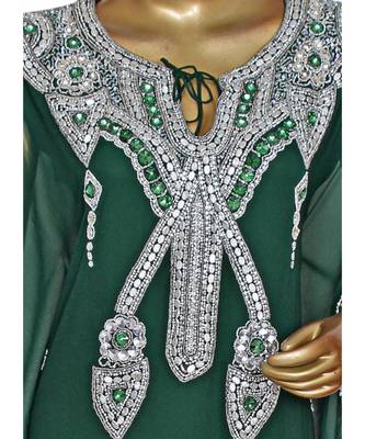 Green Embroidered Crystal Embellished Chiffon Kaftan Abaya Farasha 2