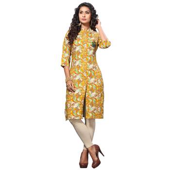 Yellow printed rayon kurti 1