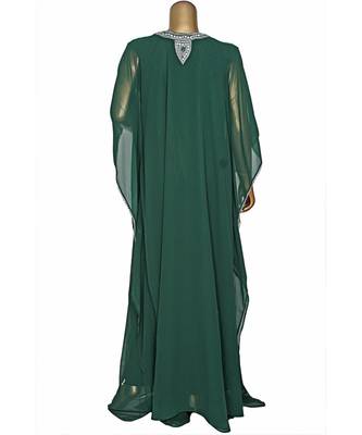 Green Embroidered Crystal Embellished Chiffon Kaftan Abaya Farasha 5