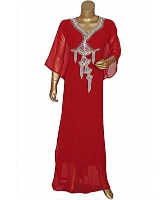 Maroon Embroidered Crystal Embellished Chiffon Kaftan Abaya Farasha 1