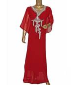 Maroon Embroidered Crystal Embellished Chiffon Kaftan Abaya Farasha