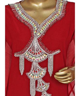 Maroon Embroidered Crystal Embellished Chiffon Kaftan Abaya Farasha 2