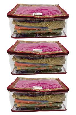 Shree Shyam Products Maroon Border Transparent Box Saree Cover, 3 Pcs Set 1