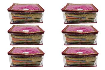 Shree Shyam Products Maroon Border Transparent Box Saree Cover, 6 Pcs Set 1