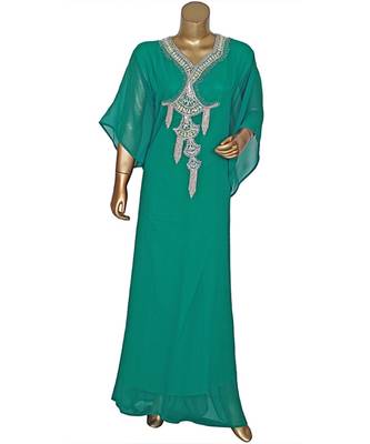 Green Embroidered Crystal Embellished Chiffon Kaftan Abaya Farasha 1