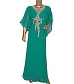 Green Embroidered Crystal Embellished Chiffon Kaftan Abaya Farasha