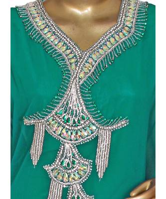 Green Embroidered Crystal Embellished Chiffon Kaftan Abaya Farasha 2