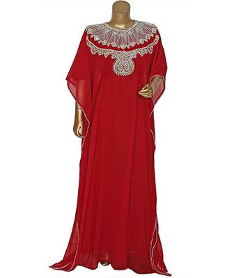 Maroon Traditional Crystal Embellished Chiffon Kaftan Abaya Farasha 1