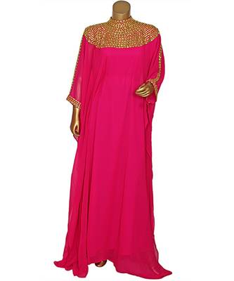 Fuchsia Pink Embroidered Beads work Georgette Kaftan Gown Abaya Maxi 1