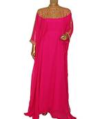 Fuchsia Pink Embroidered Beads work Georgette Kaftan Gown Abaya Maxi