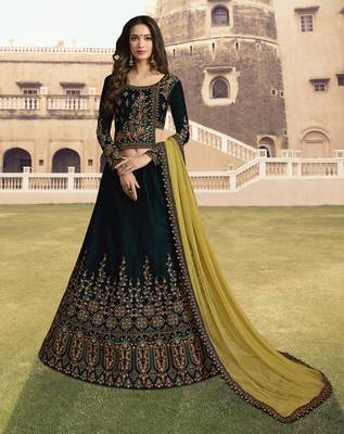 Dark Green Embroidered Velvet Semi Stitched Lehenga 1