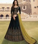 Dark Green Embroidered Velvet Semi Stitched Lehenga