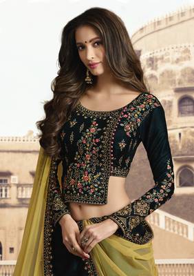 Dark Green Embroidered Velvet Semi Stitched Lehenga 2