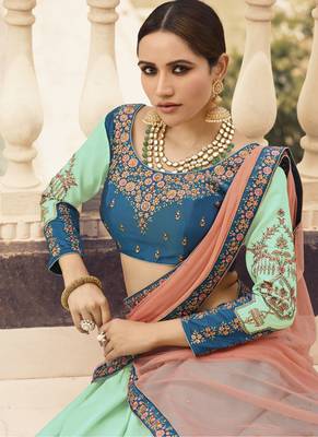 Sea Green Embroidered Silk Semi Stitched Lehenga 4