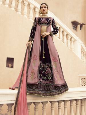 Dark Wine Embroidered Velvet Semi Stitched Lehenga 1