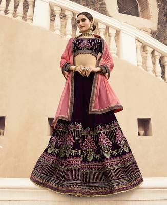 Dark Wine Embroidered Velvet Semi Stitched Lehenga 2