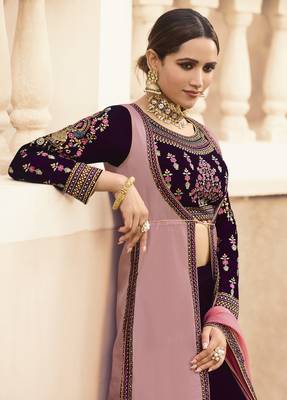 Dark Wine Embroidered Velvet Semi Stitched Lehenga 3