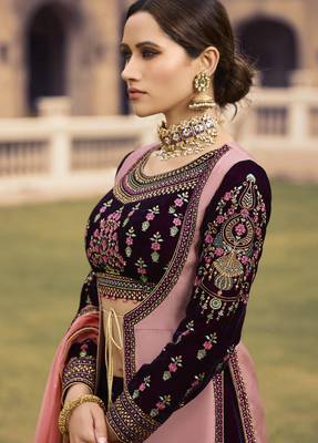 Dark Wine Embroidered Velvet Semi Stitched Lehenga 4