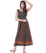 RUDRA Jaipuri Stylist  Cotton Printed Women's Maxi Long Dress (Free Size Upto 44-XXL)