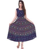 RUDRA Jaipuri Stylist  Cotton Printed Women's Maxi Long Dress (Free Size Upto 44-XXL)
