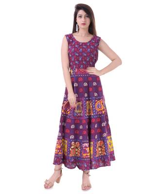 RUDRA Jaipuri Stylist  Cotton Printed Women's Maxi Long Dress (Free Size Upto 44-XXL) 1