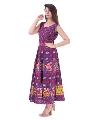 RUDRA Jaipuri Stylist  Cotton Printed Women's Maxi Long Dress (Free Size Upto 44-XXL) 2