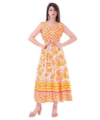 RUDRA Jaipuri Stylist  Cotton Printed Women's Maxi Long Dress (Free Size Upto 44-XXL) 1