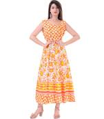 RUDRA Jaipuri Stylist  Cotton Printed Women's Maxi Long Dress (Free Size Upto 44-XXL)