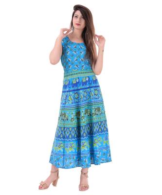 RUDRA Jaipuri Stylist  Cotton Printed Women's Maxi Long Dress (Free Size Upto 44-XXL) 1