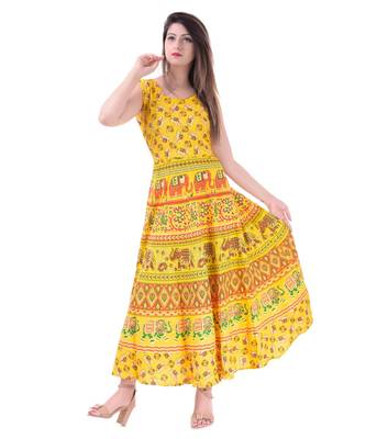 RUDRA Jaipuri Stylist  Cotton Printed Women's Maxi Long Dress (Free Size Upto 44-XXL) 1