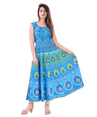RUDRA Jaipuri Stylist  Cotton Printed Women's Maxi Long Dress (Free Size Upto 44-XXL) 1