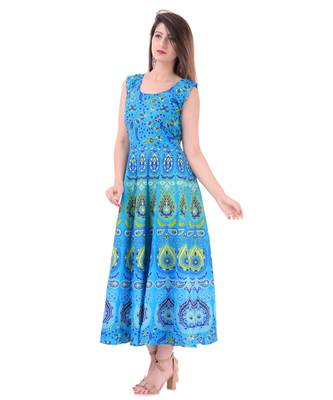 RUDRA Jaipuri Stylist  Cotton Printed Women's Maxi Long Dress (Free Size Upto 44-XXL) 2
