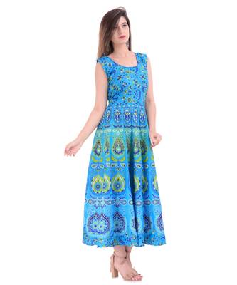 RUDRA Jaipuri Stylist  Cotton Printed Women's Maxi Long Dress (Free Size Upto 44-XXL) 3